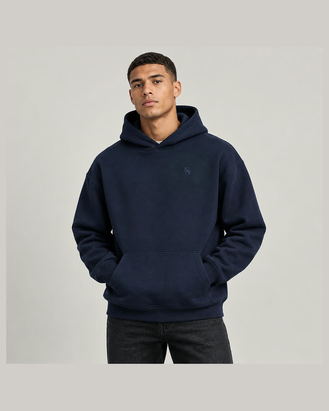 THE FORM heavyweight hoodie in French Navy, on body