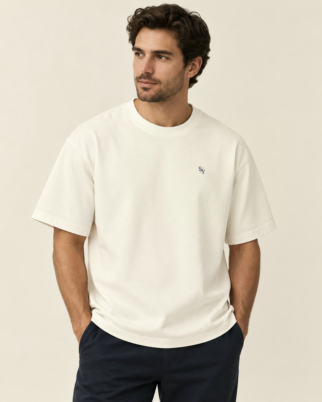 THE FOUNDATION heavyweight tee in Natural Raw, on body