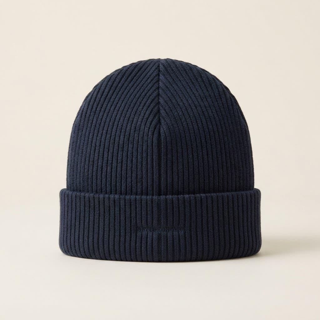 THE RIB beanie in French Navy, back view