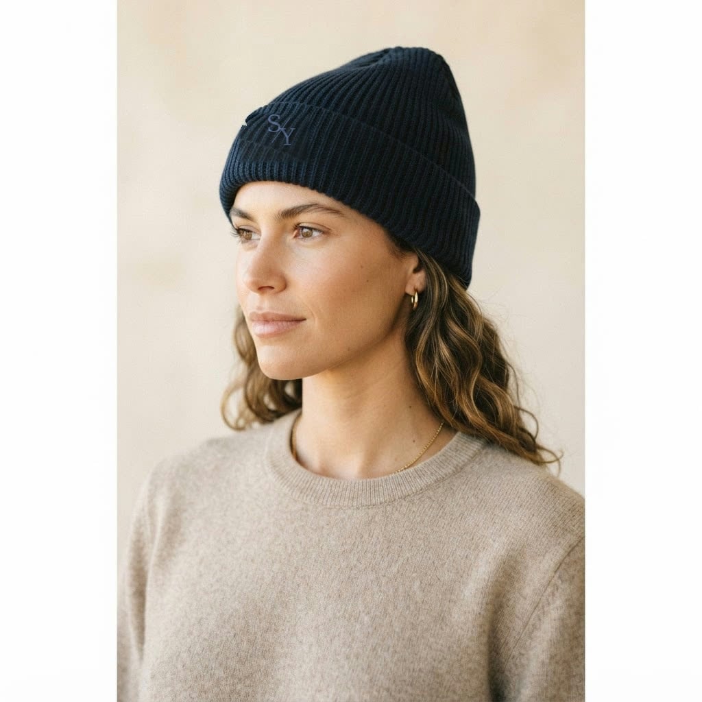 THE RIB beanie in French Navy, on body
