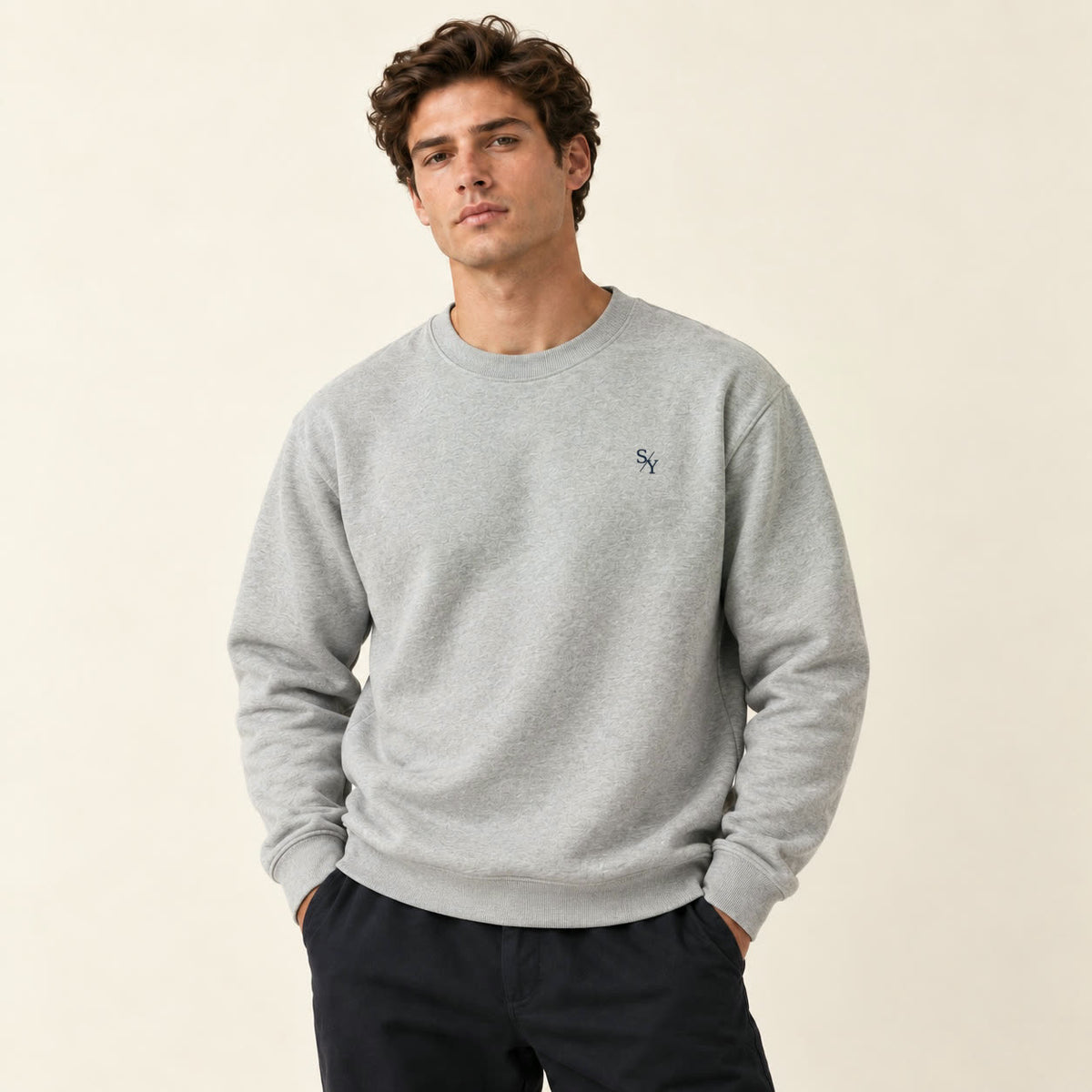 THE STUDIO crew sweatshirt in Heather Grey, on body
